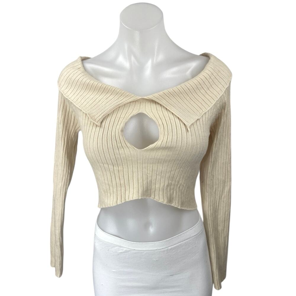 Tic Toc Cream Rib Knit Keyhole Cut Out Long Sleeve Boat Neck Crop Sweater Top M